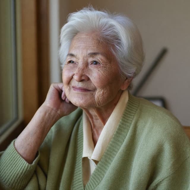 창가에서 온화하게 웃는 여자 어르신