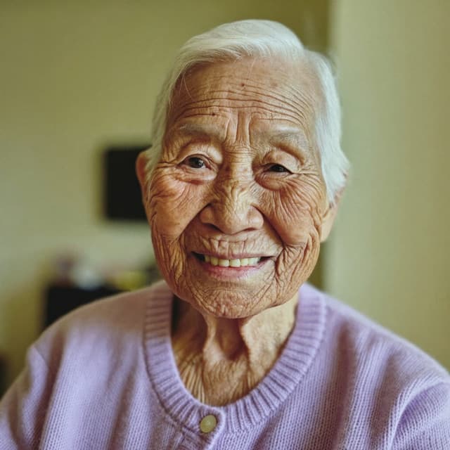 은발에 연보라 가디건을 입고 미소 짓는 여자 어르신