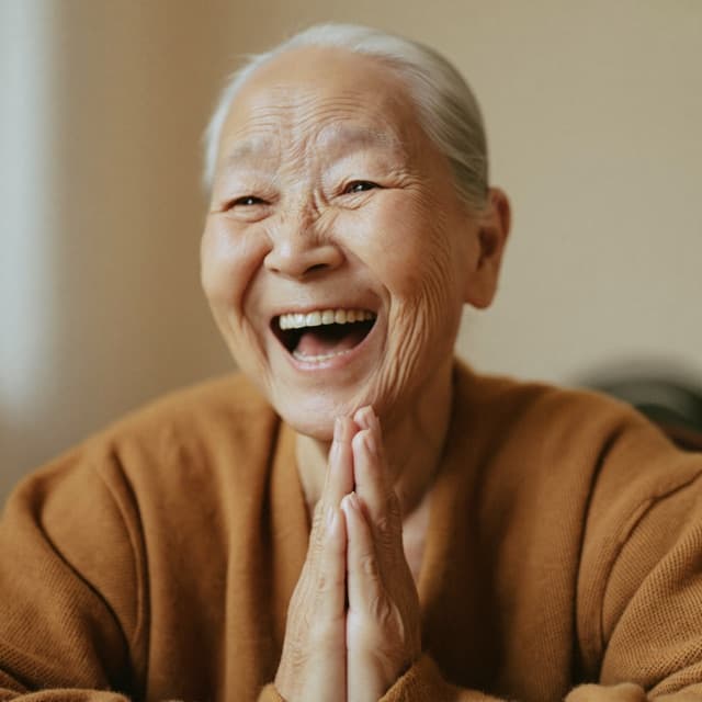 손을 모으고 웃고 있는 흰머리의 여자 어르신